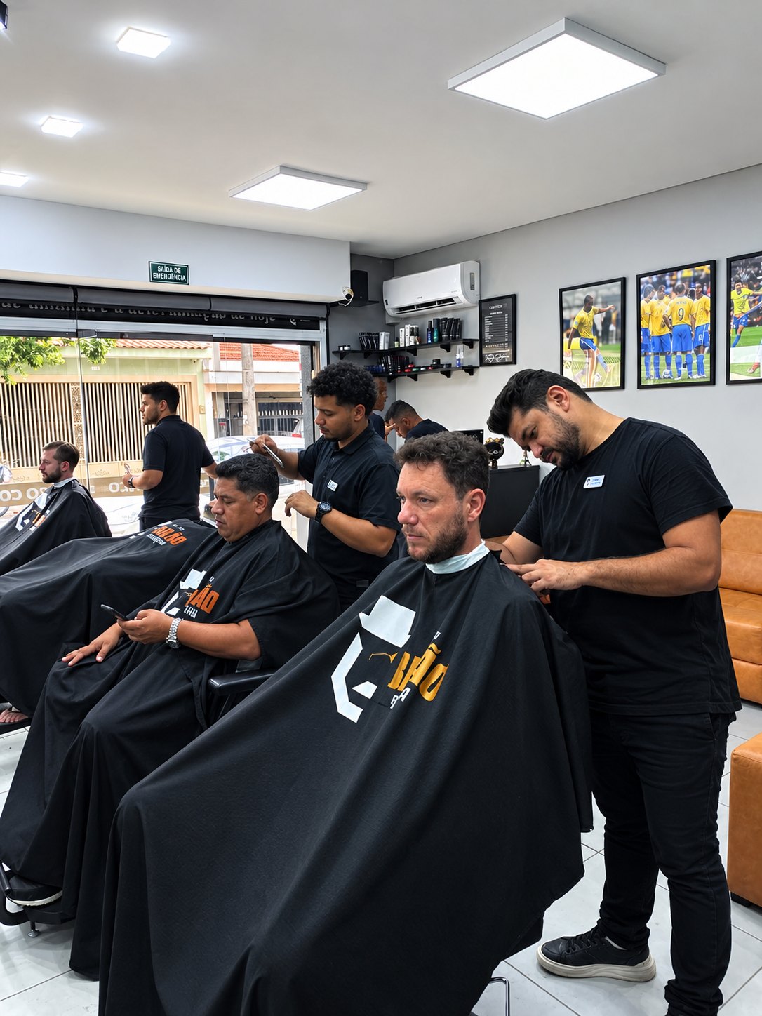 Equipe Sou Barão atendendo clientes no interior da barbearia